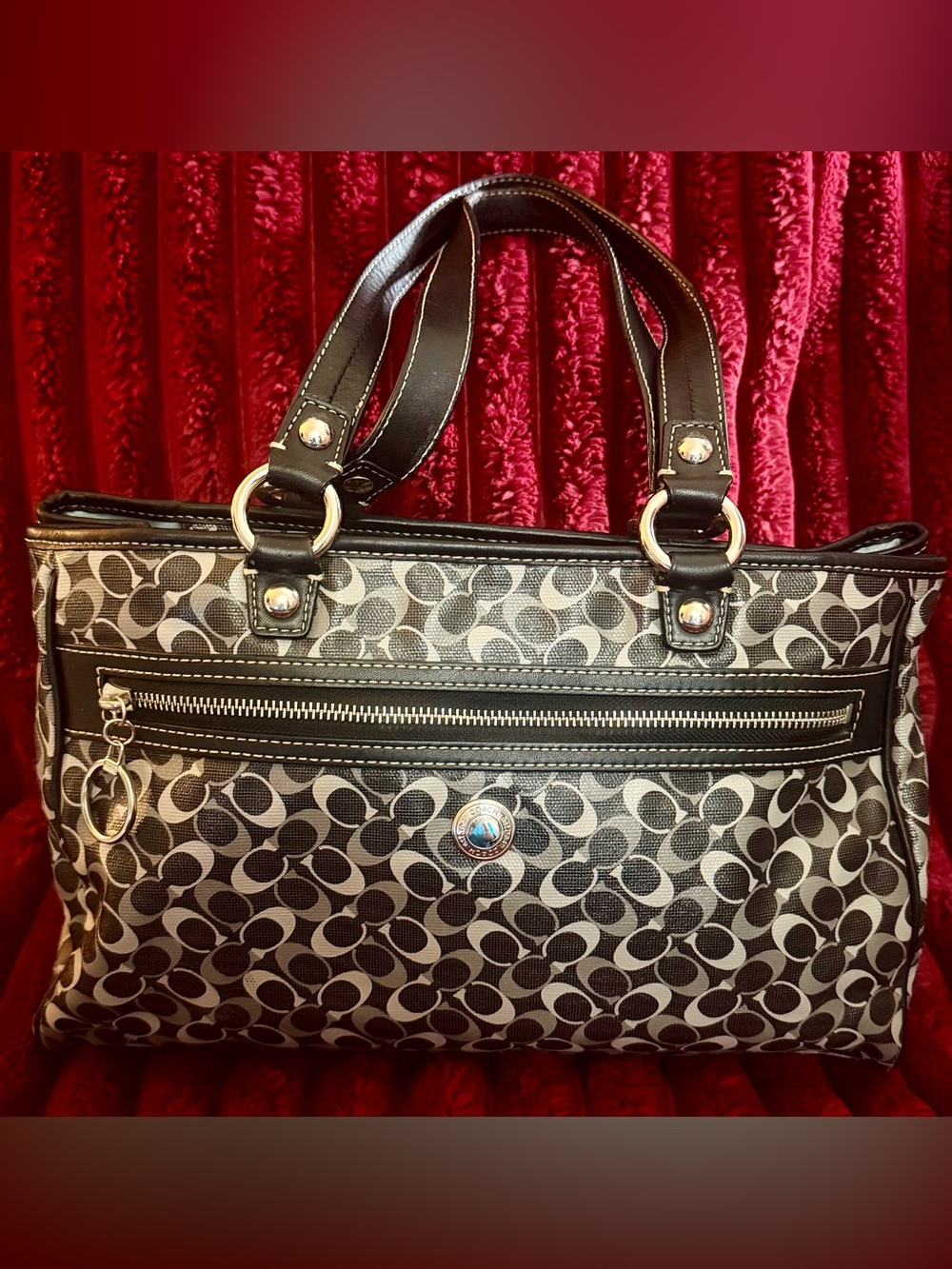 Coach Black and Cream Signature Canvas Shoulder Tote